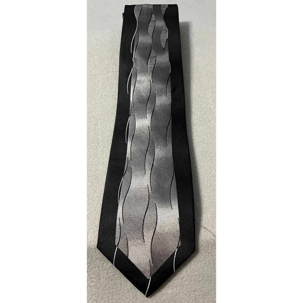 Enzo Brunatti Necktie Black Gray Wavy Pattern Silk Men's Tie Xtra long 67.5